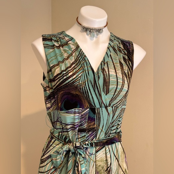 Kasper Beautiful Colors Peacock Feather Maxi V Neck Tie In Front Dress SZ PM - Picture 2 of 13